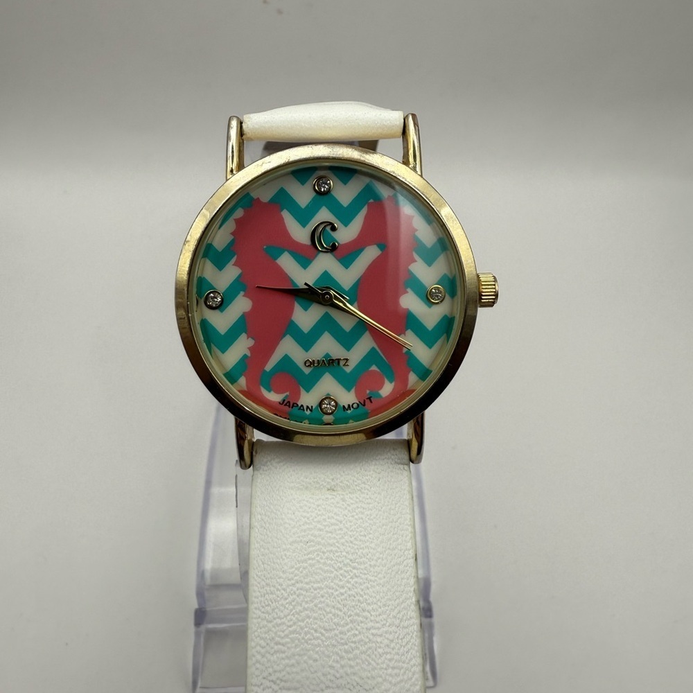 Charming Charlie Analog Wristwatch White Buckle Band Seahorse Blue White Chevron